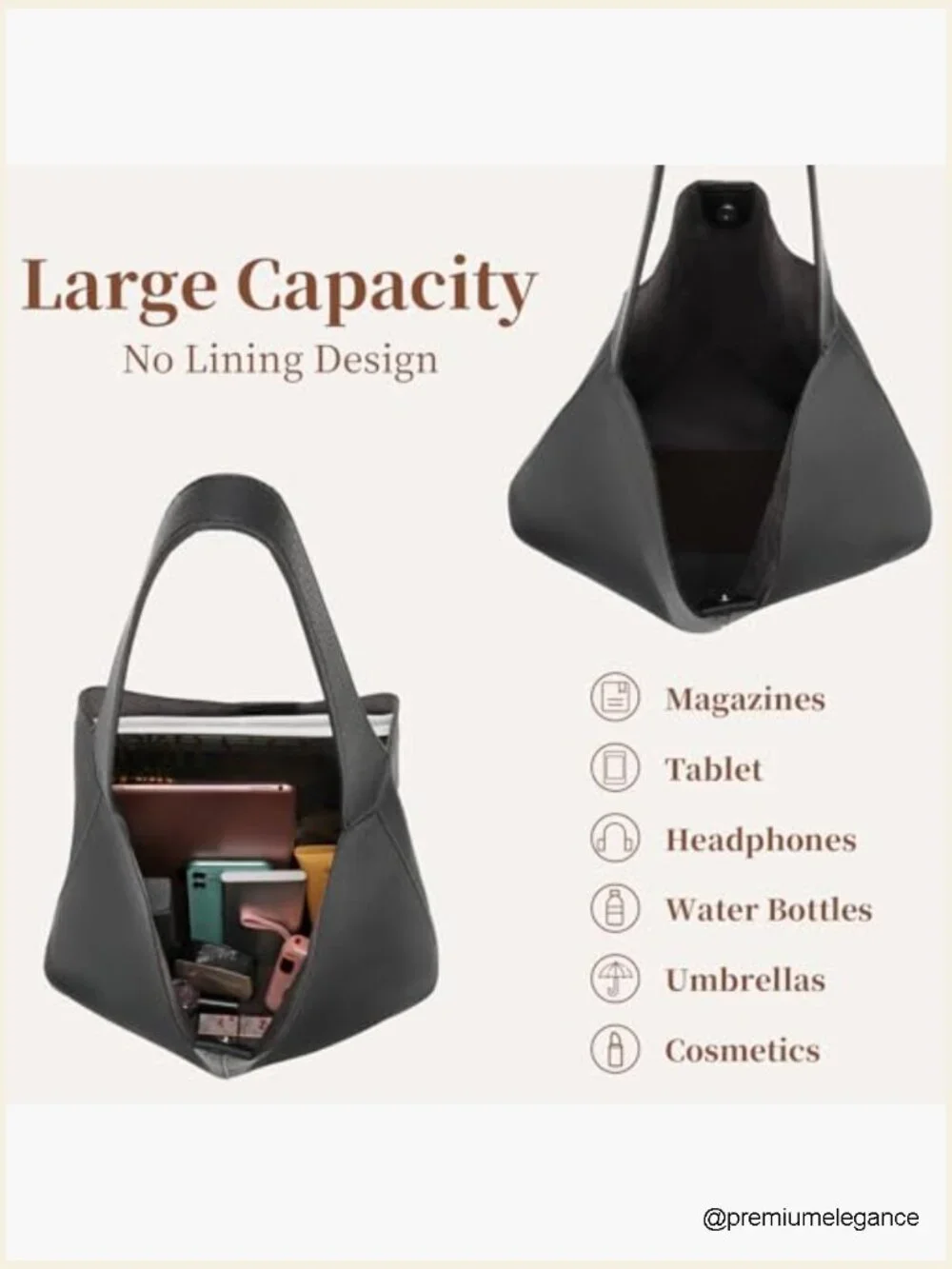 Slouchy Vegan Leather Hobo Tote, Large Capacity Shoulder Bag for Work Travel